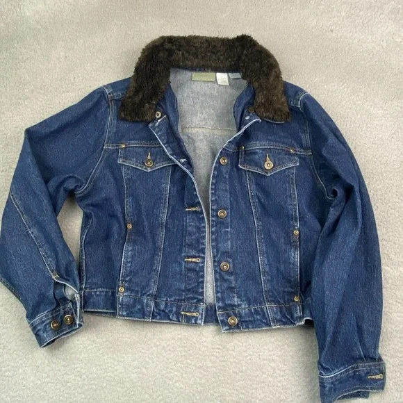 Vintage Jean Jacket Large Women Blue Faux Fur Collar Removeable Heavy EUC - Picture 1 of 15